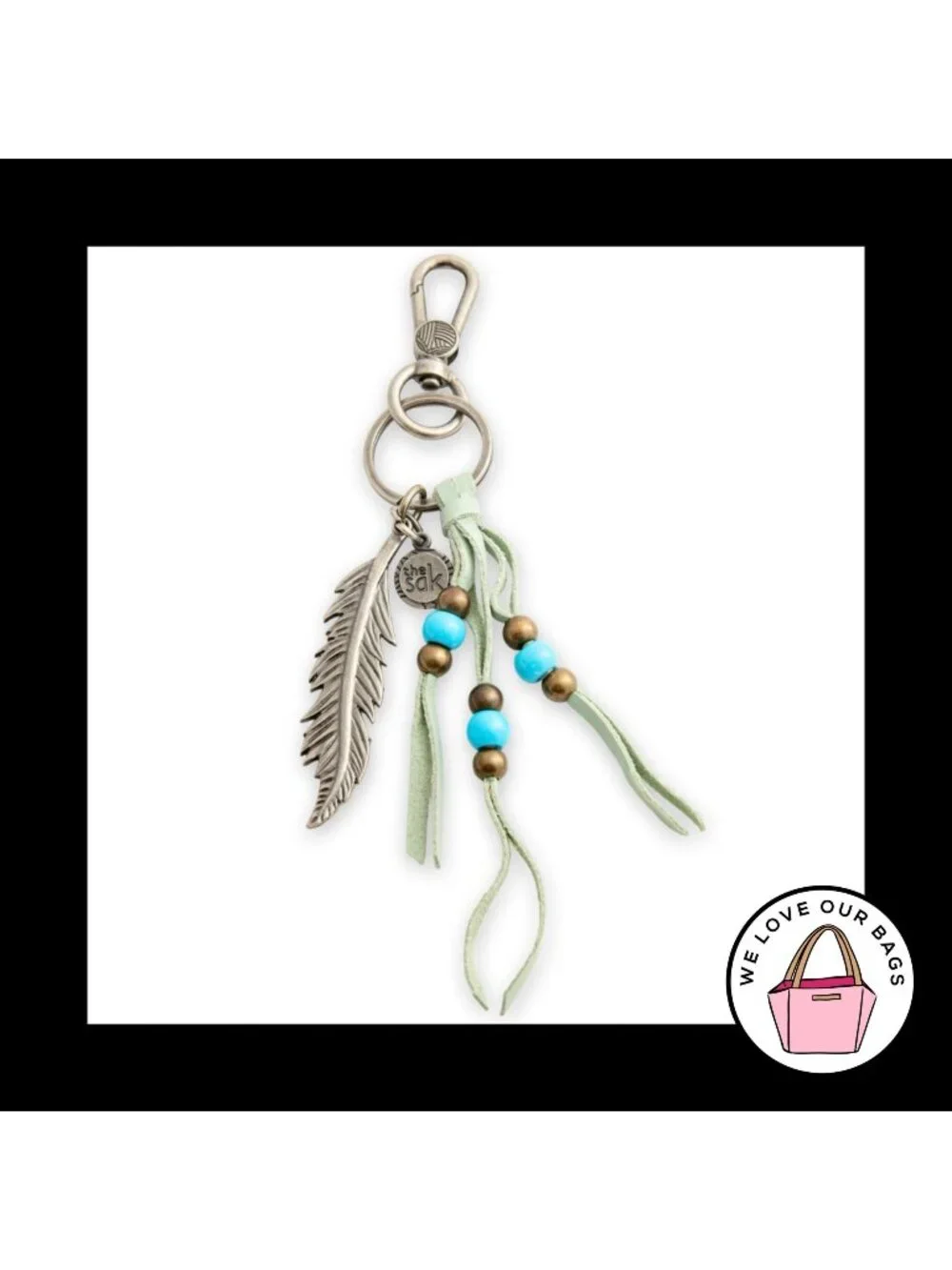 THE SAK FEATHER Green Leather Tassel Turquoise Bead Bag Charm Tag Keychain Fob